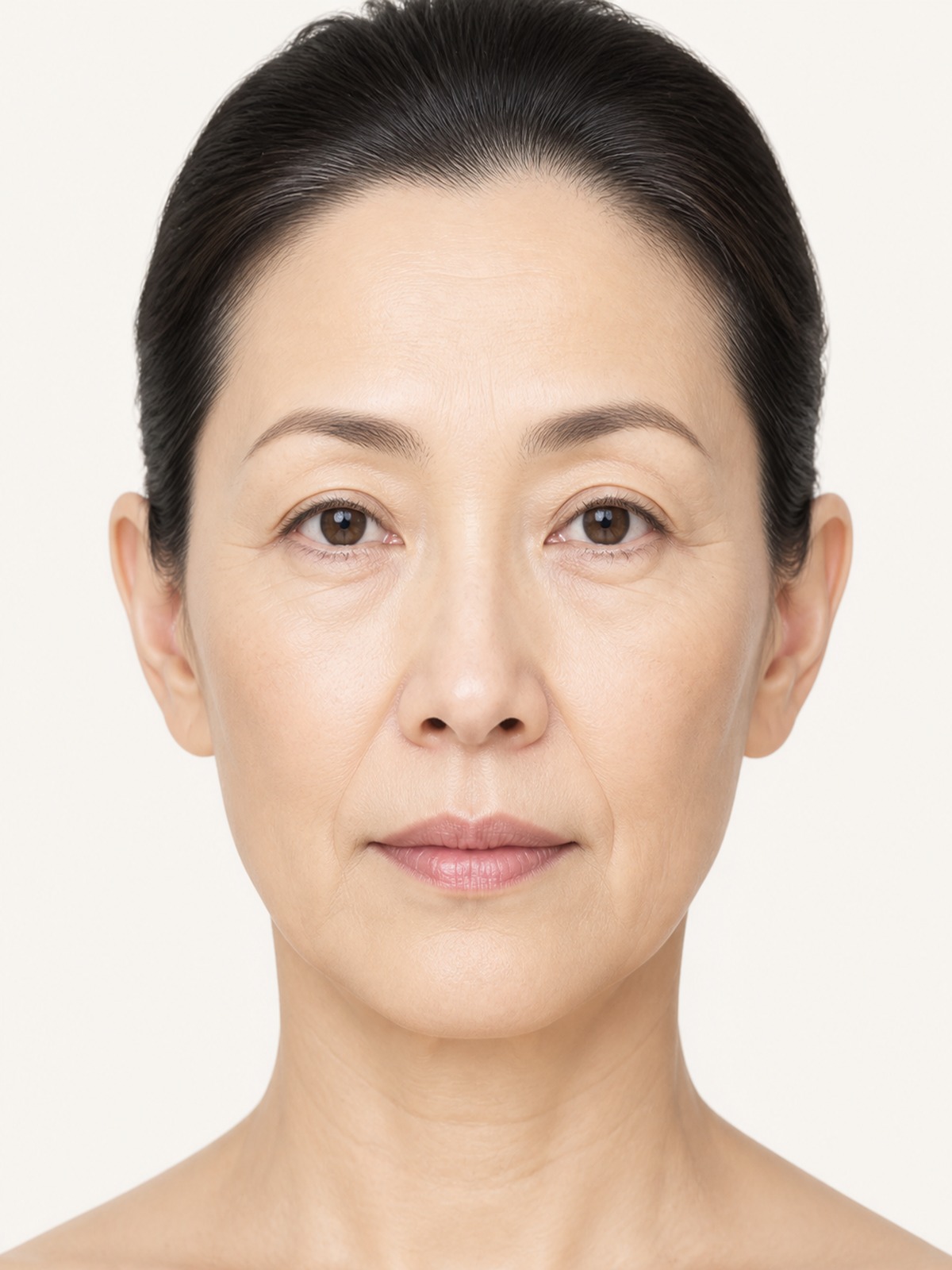 50代アジア人女性の皮膚表面を示す正面顔の解剖イメージ（AI生成・架空人物）