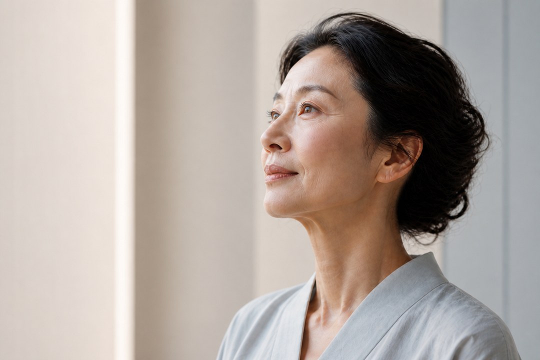 自然な年齢の質感を残した成熟した女性の横顔(AI生成・人物は実在しません)